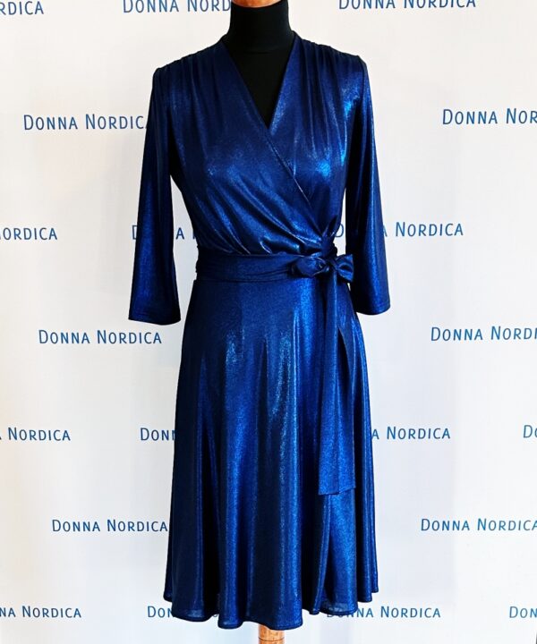 metallic blue wrap dress