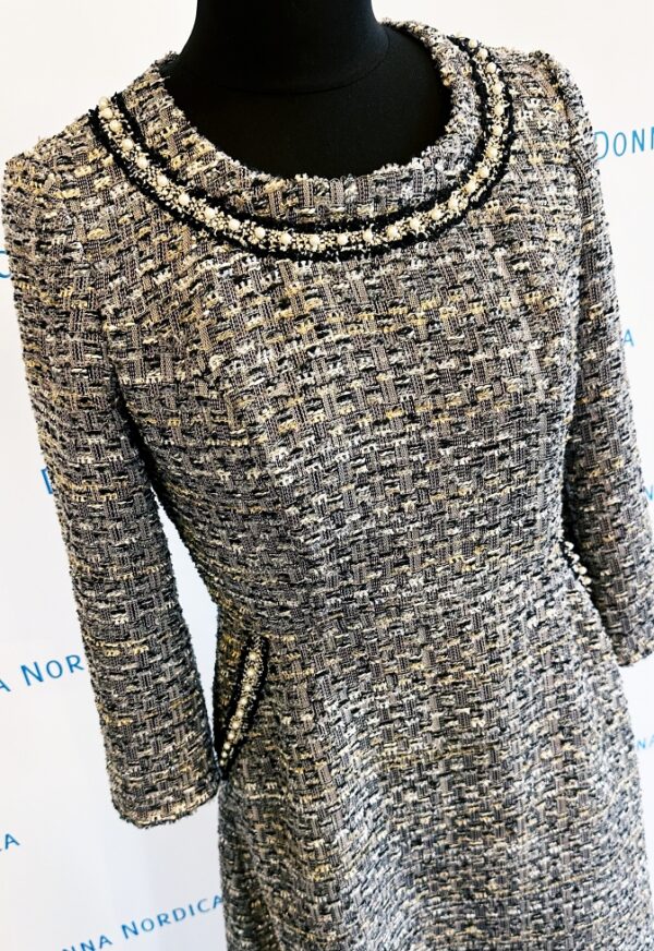 grey tweed dress pearl ribbons