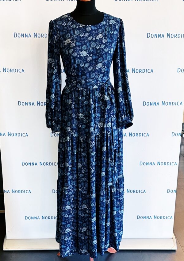 viscose denim blue long dress flower pattern