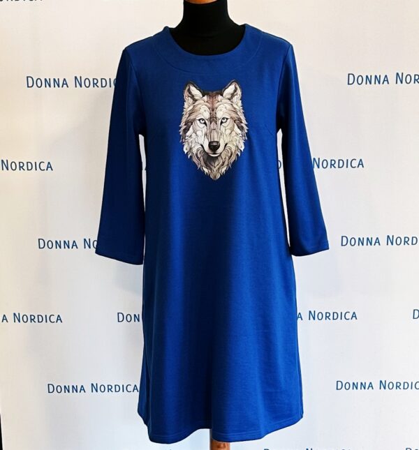 wolf print blue jersey dress