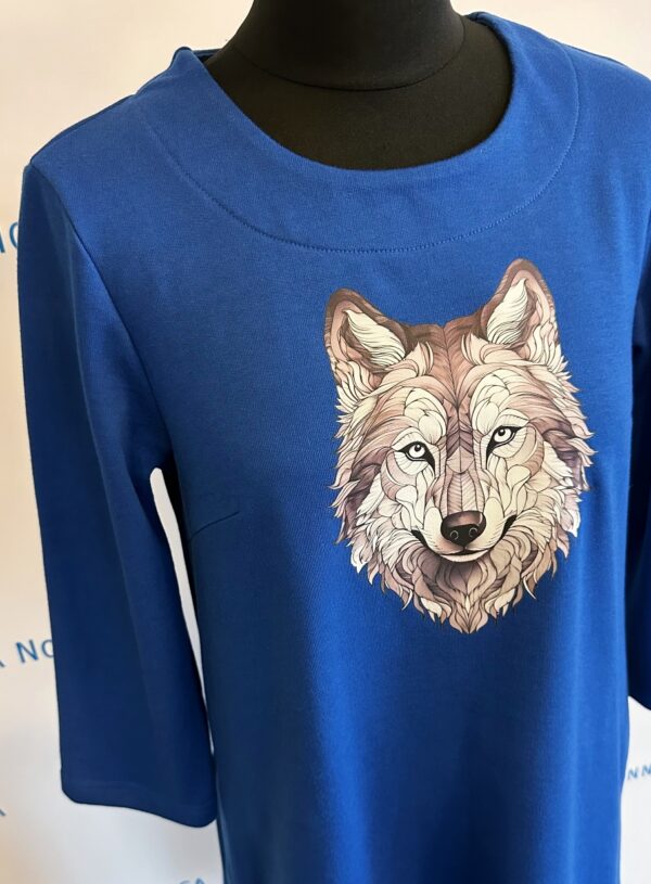 wolf print blue jersey dress