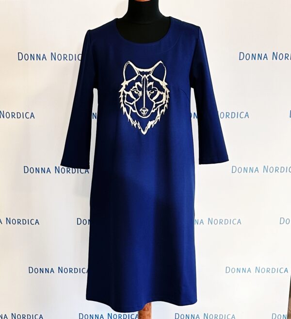 wolf embroidery blue viscose dress