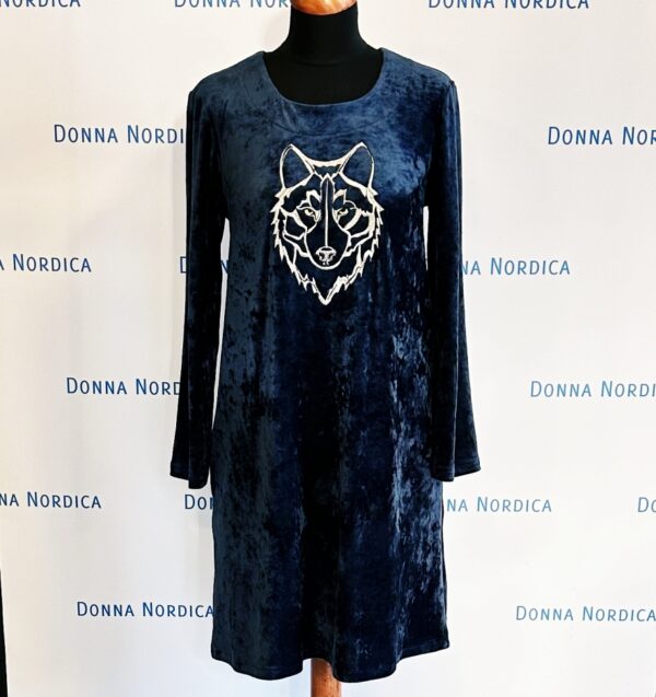 embroidered wolf blue velvet dress