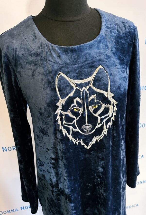 embroidered wolf blue velvet dress