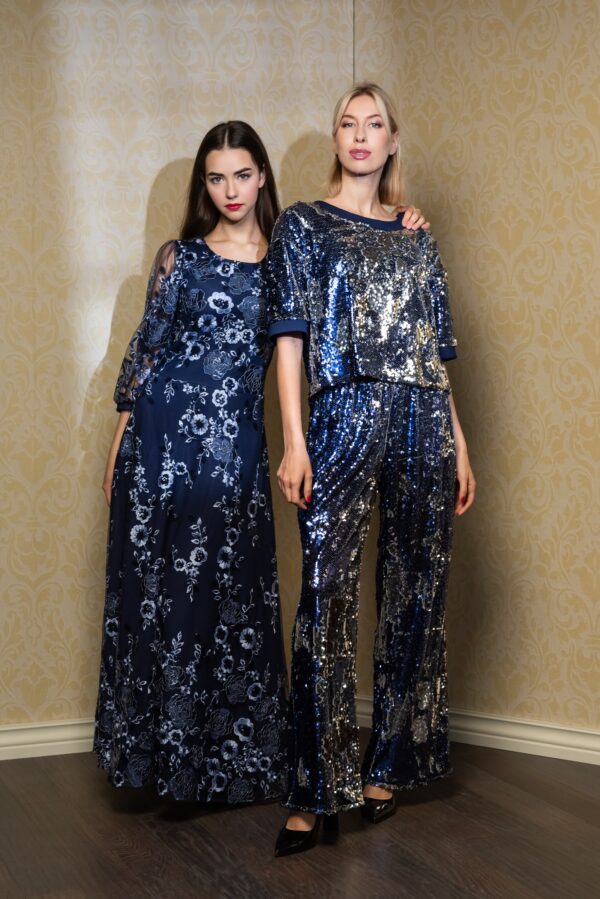 blue silver sequin trousers and top