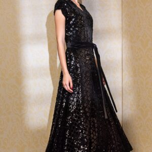 black sequin velvet maxi gala dress