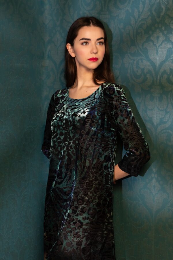 silk velvet black green dress