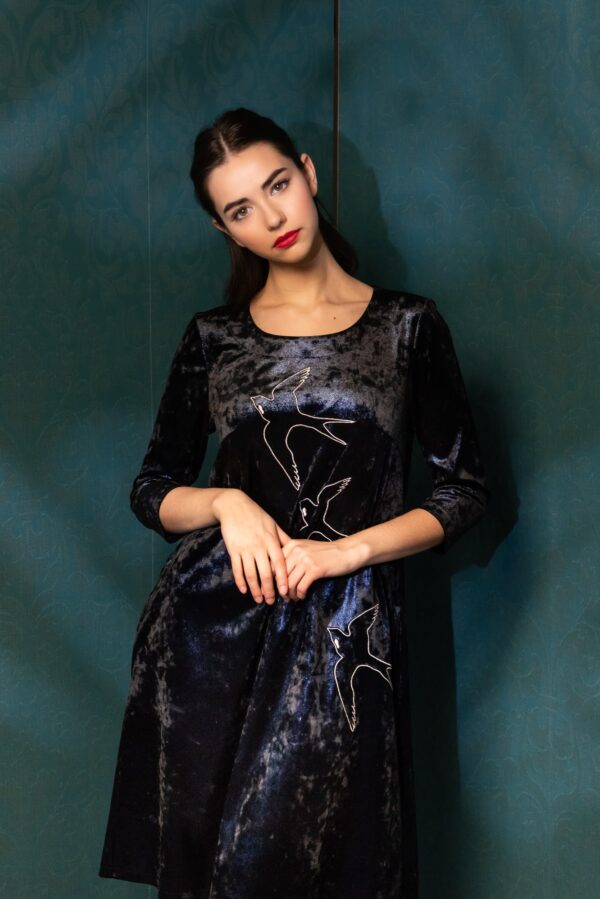 embroidered swallow bird blue velvet dress