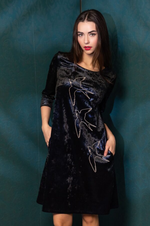 embroidered swallow bird blue velvet dress