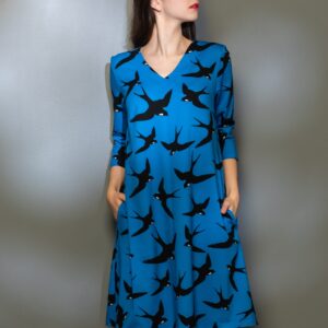 swallow print blue cotton dress