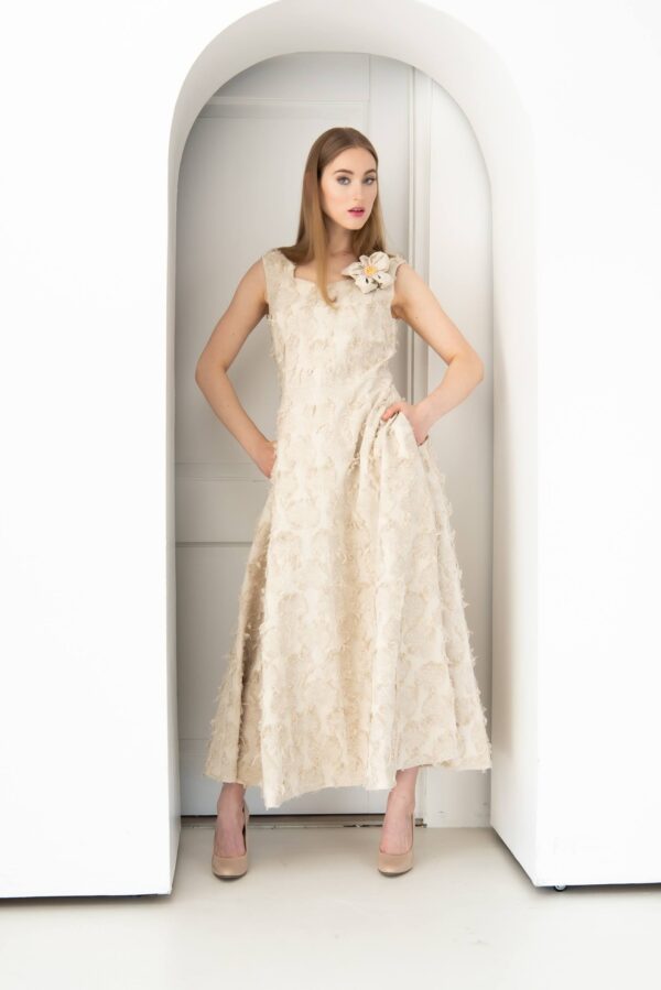 3D linen prom dress nature white