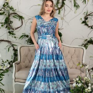 shiny satin water color blue print maxi dress