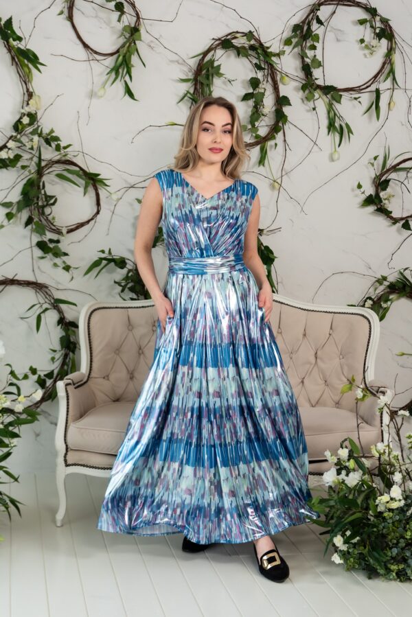 shiny satin water color blue print maxi dress