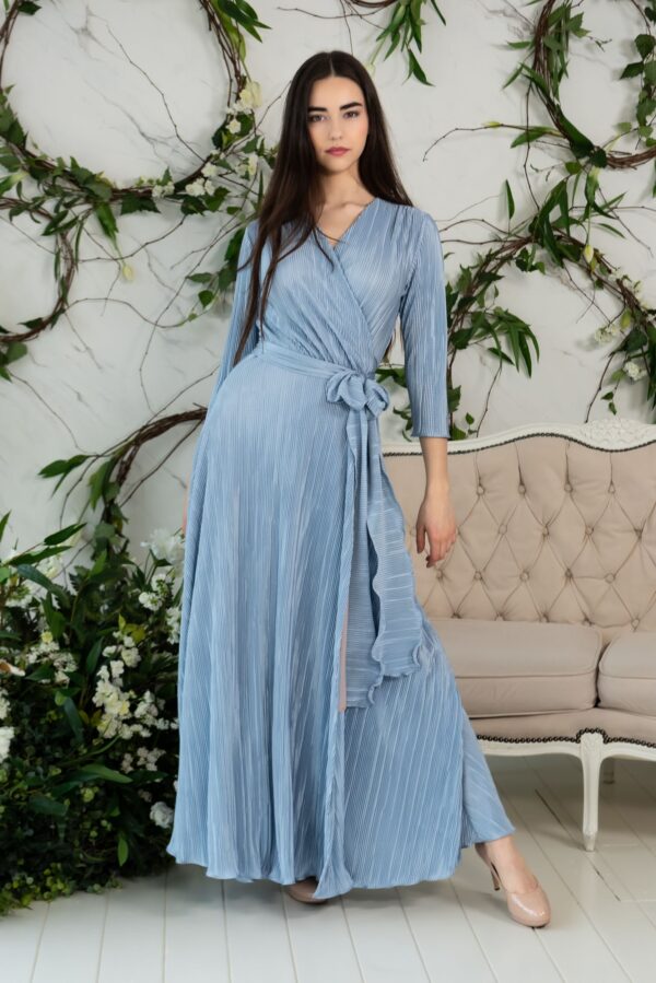 pleated light blue maxi wrap dress