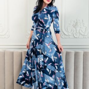 denim blue pink feather wrap dress