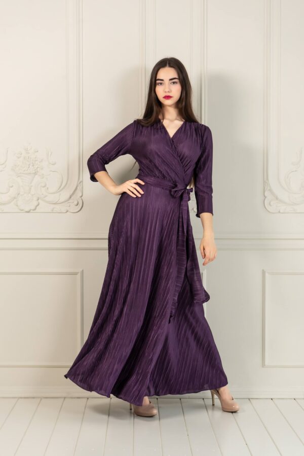 violet pleated wrap dress maxi