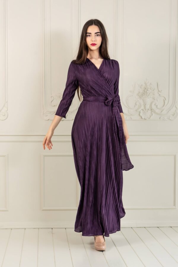 violet pleated wrap dress maxi