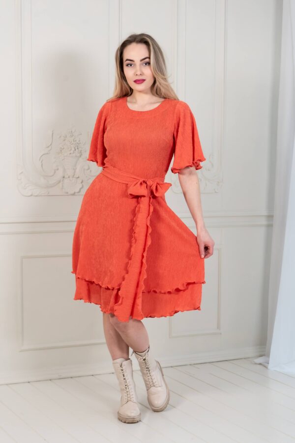 coral red crepe dress flared skirt