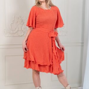 coral red crepe dress flared skirt