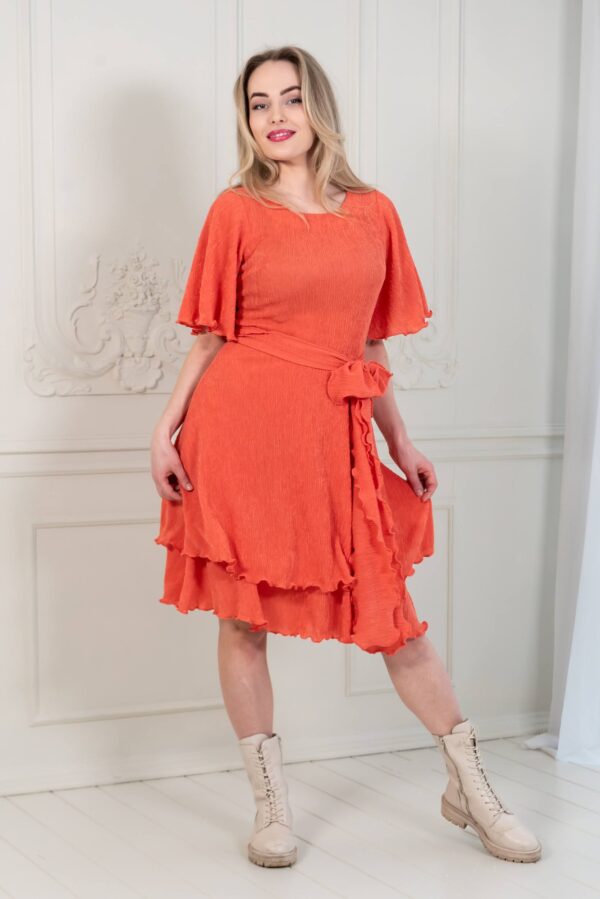 coral red crepe dress flared skirt