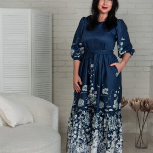 Flowery panel denim batiste dress