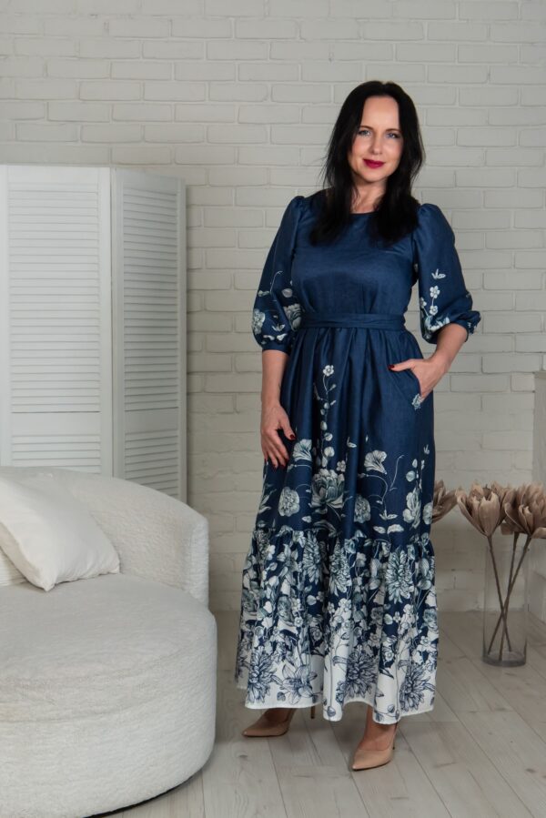 Flowery panel denim batiste dress