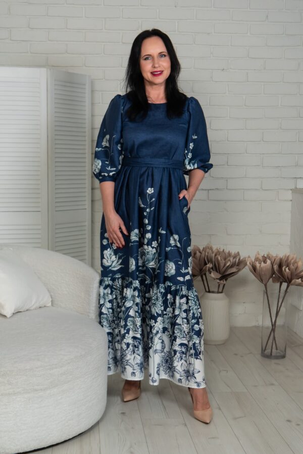 Flowery panel denim batiste dress