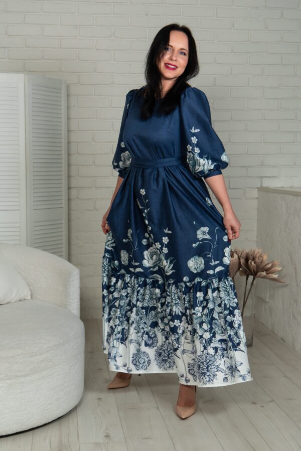 Flowery panel denim batiste dress