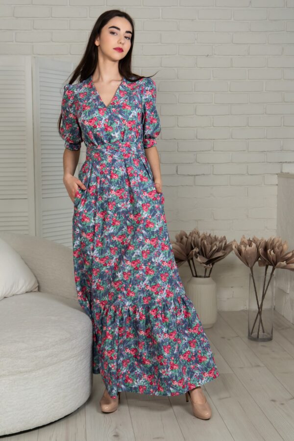 denim rose print long dress