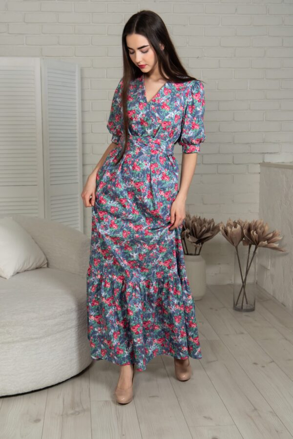 denim rose print long dress