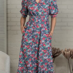 denim rose print long dress