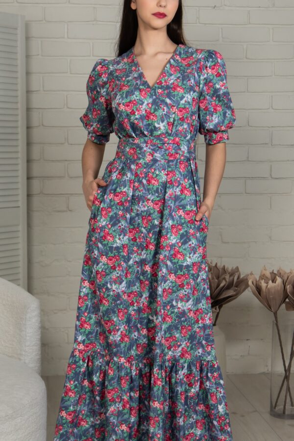 denim rose print long dress