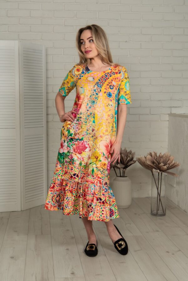 mosaic pattern yellow cotton midi dress