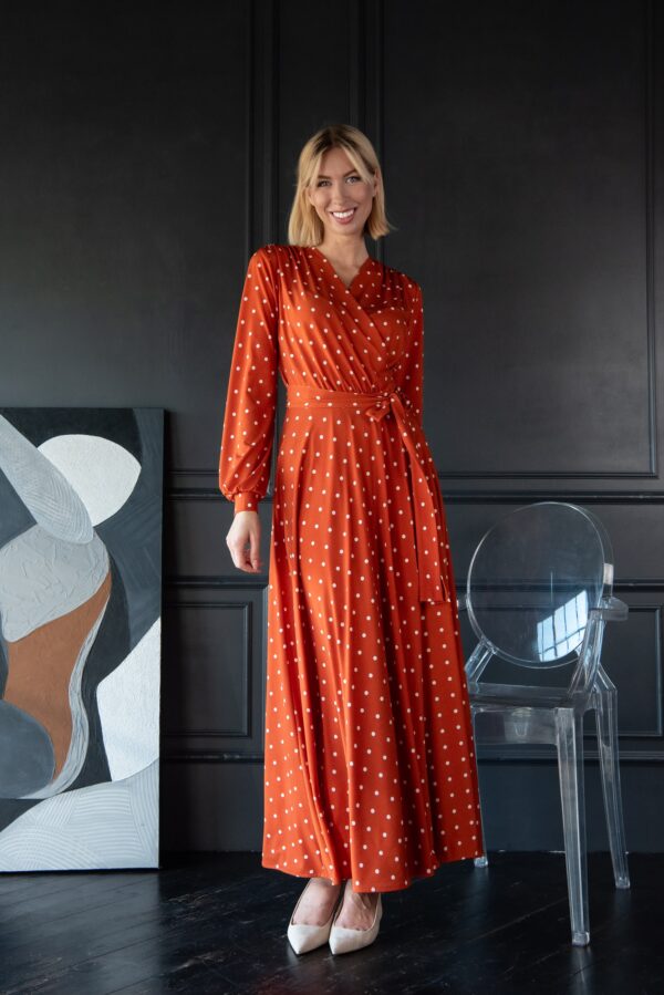 polka dot orange wrap dress