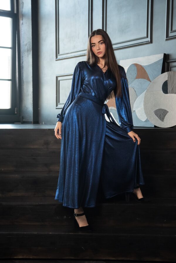 long wrap dress indigo metallic