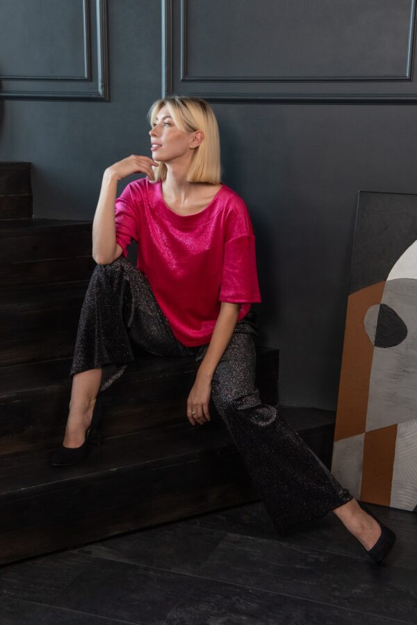 pink sparkle t-shirt top velvet black trousers