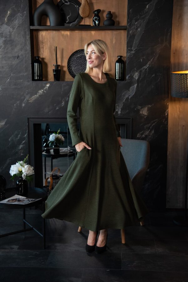 army green long wool dress