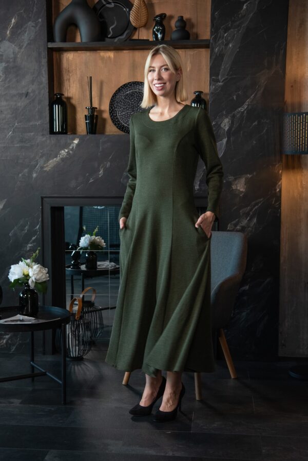 army green long wool dress