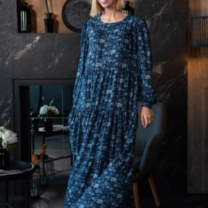 viscose denim blue long dress flower pattern