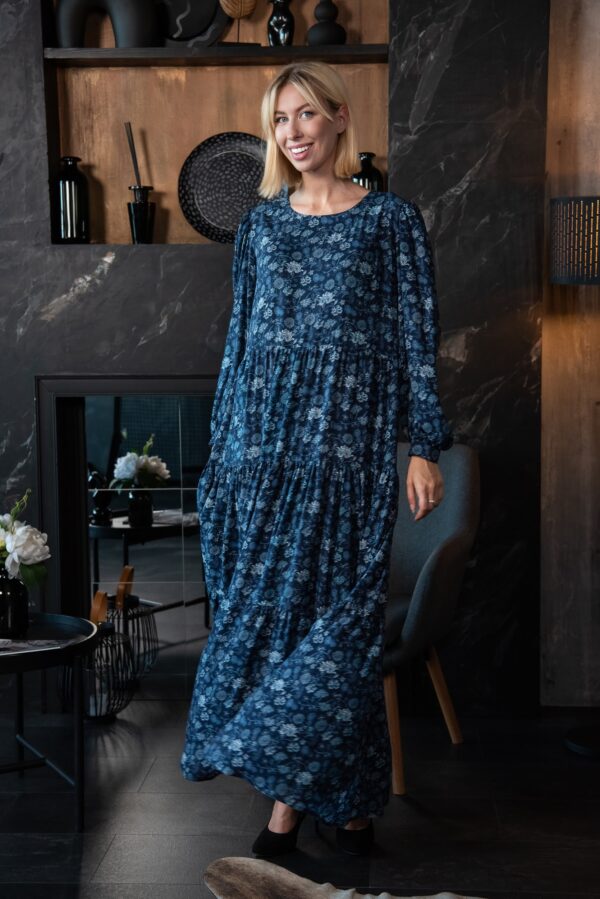 viscose denim blue long dress flower pattern