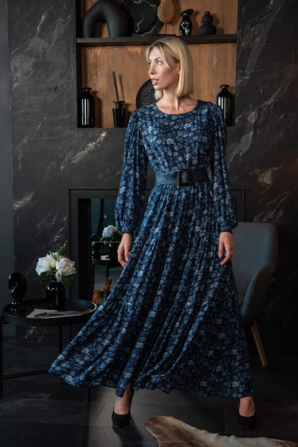 viscose denim blue long dress flower pattern