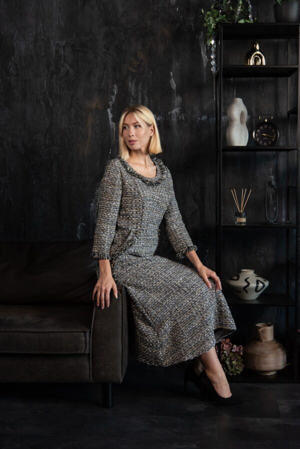 silver grey tweed dress fringes