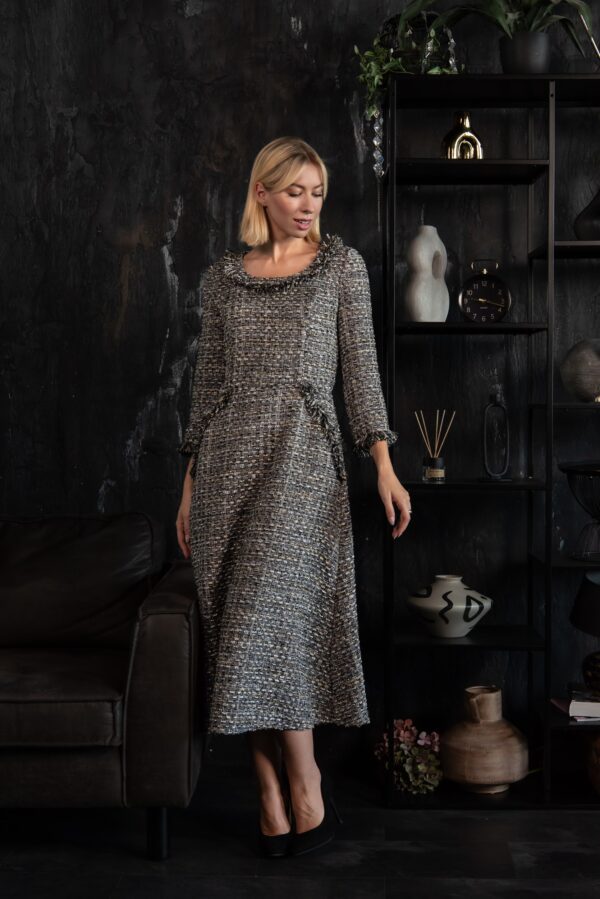 silver grey tweed dress fringes