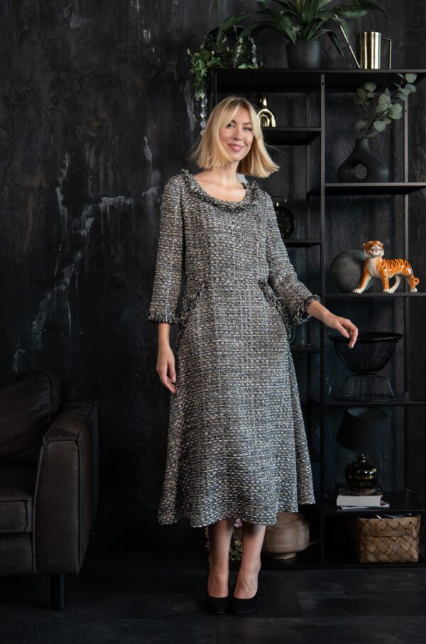 silver grey tweed dress fringes