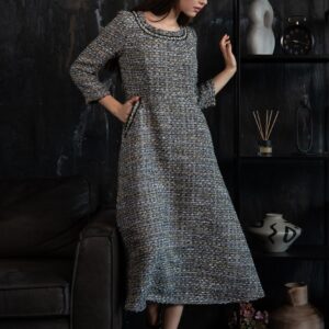 grey tweed dress pearl ribbons