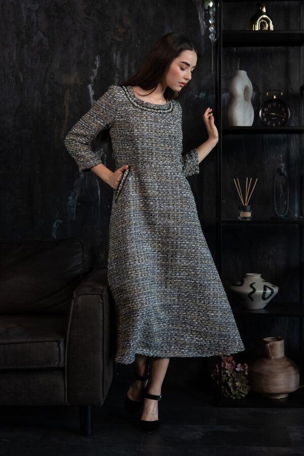 grey tweed dress pearl ribbons