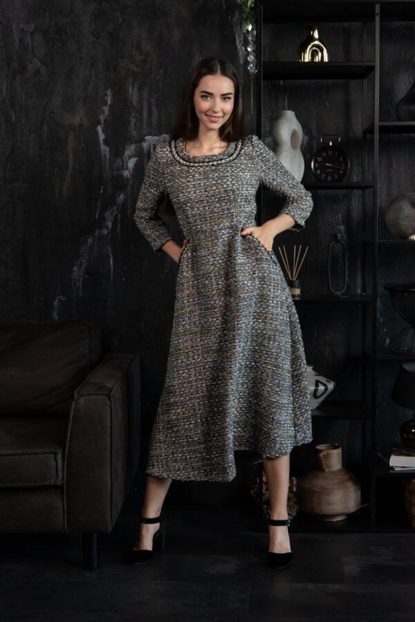 grey tweed dress pearl ribbons