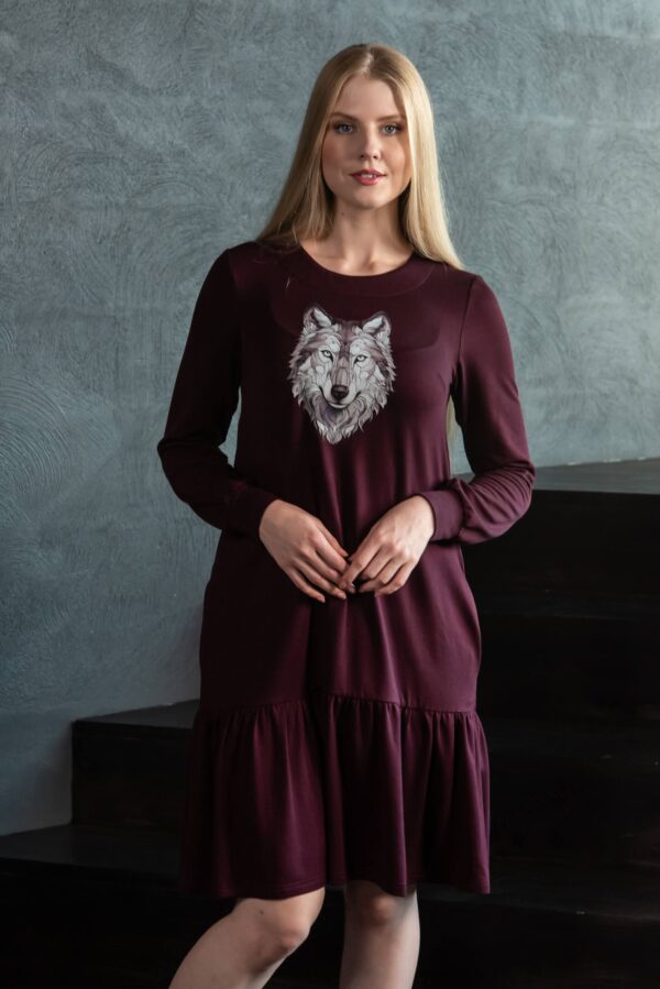 wolf print jersey dress bordeaux