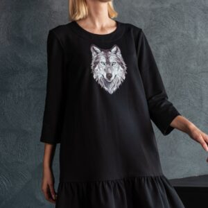 wolf print black jersey dress