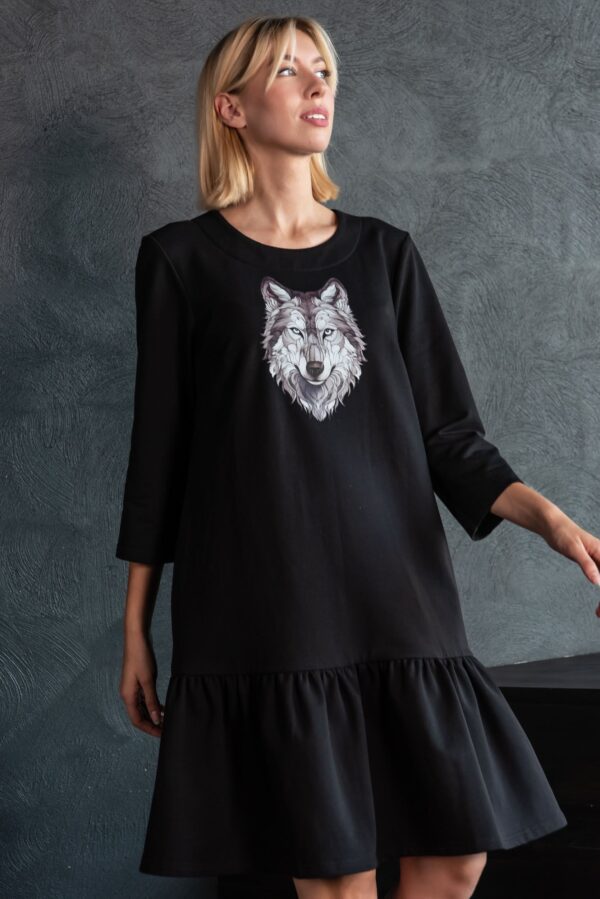 wolf print black jersey dress